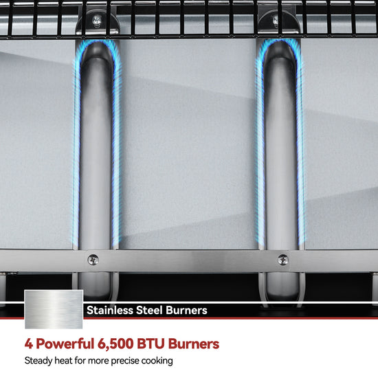 Stainless steel burners with blue flames inside a stove, highlighting 4 powerful 6,500 BTU burners.