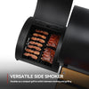 Royal Gourmet  Black side smoker with meats inside, on a white background