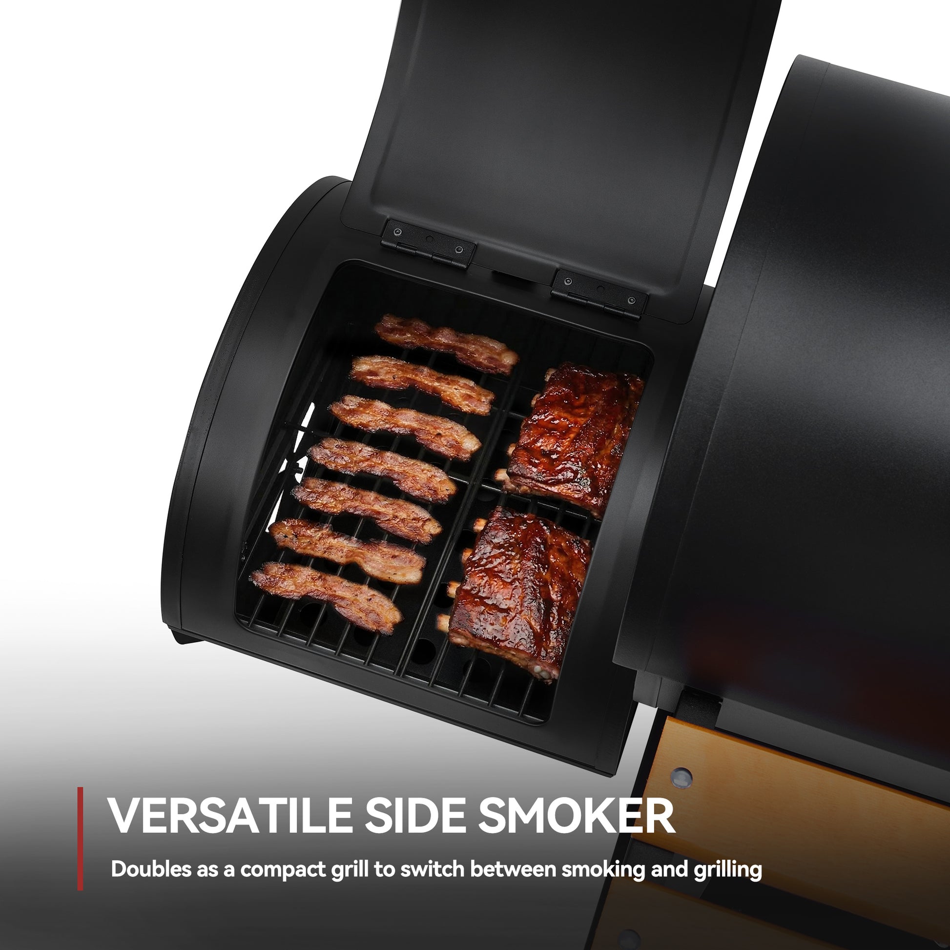 Royal Gourmet  Black side smoker with meats inside, on a white background
