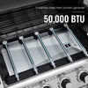Stainless steel main burners on a gas grill with text indicating 50,000 BTU output.