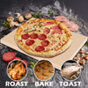 Pizza with various toppings on a Royal Gourmet baking stone, surrounded by ingredients, with text 'Roast Bake Toast' below.