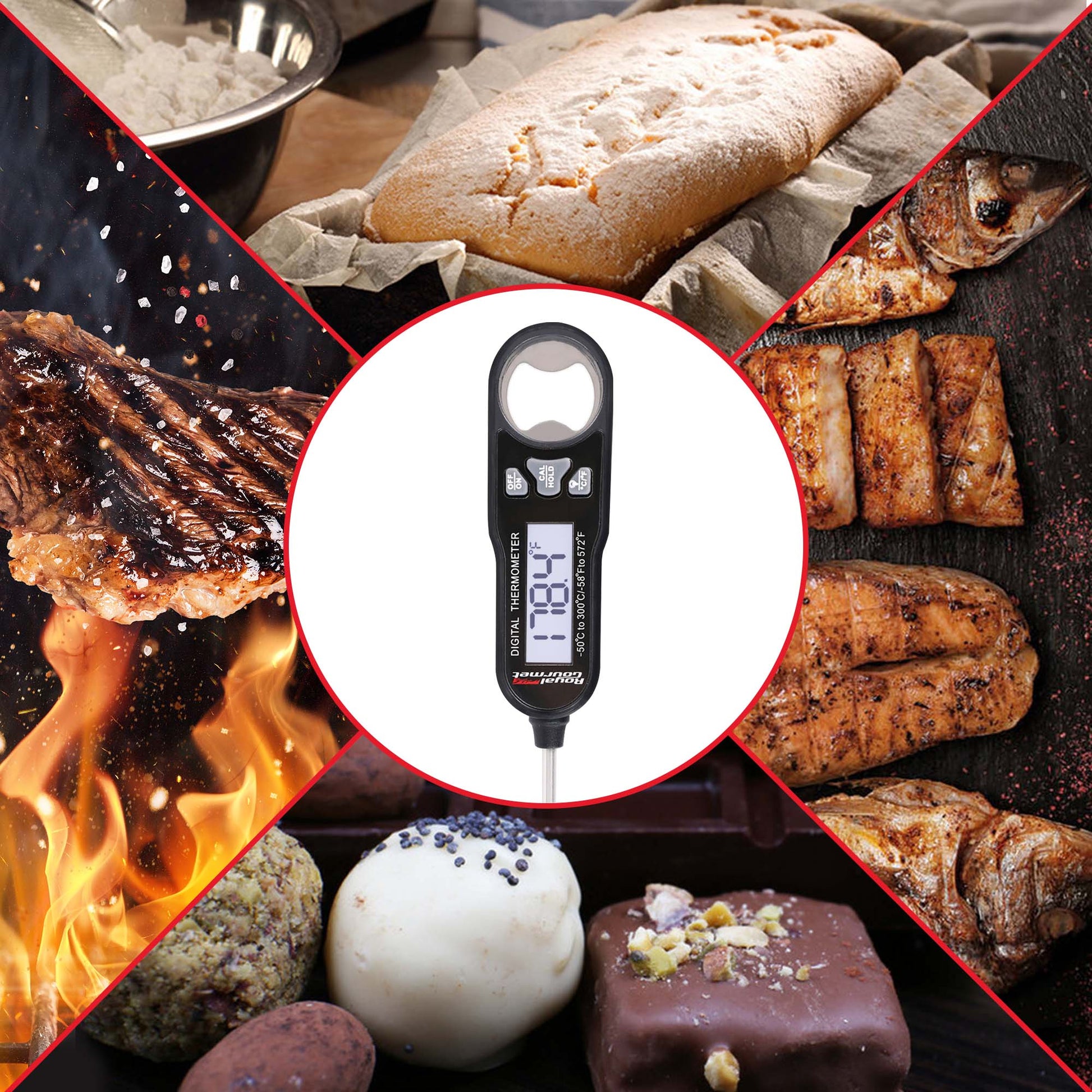 Collage of food items with a Royal Gourmet digital thermometer in the center.