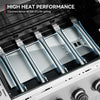 Close-up of a Royal Gourmet stovetop grill interior showing four burner elements with blue flame tubes and a text overlay that reads 'HIGH HEAT PERFORMANCE' and '5 burners deliver 60,000 BTU for grilling.'.