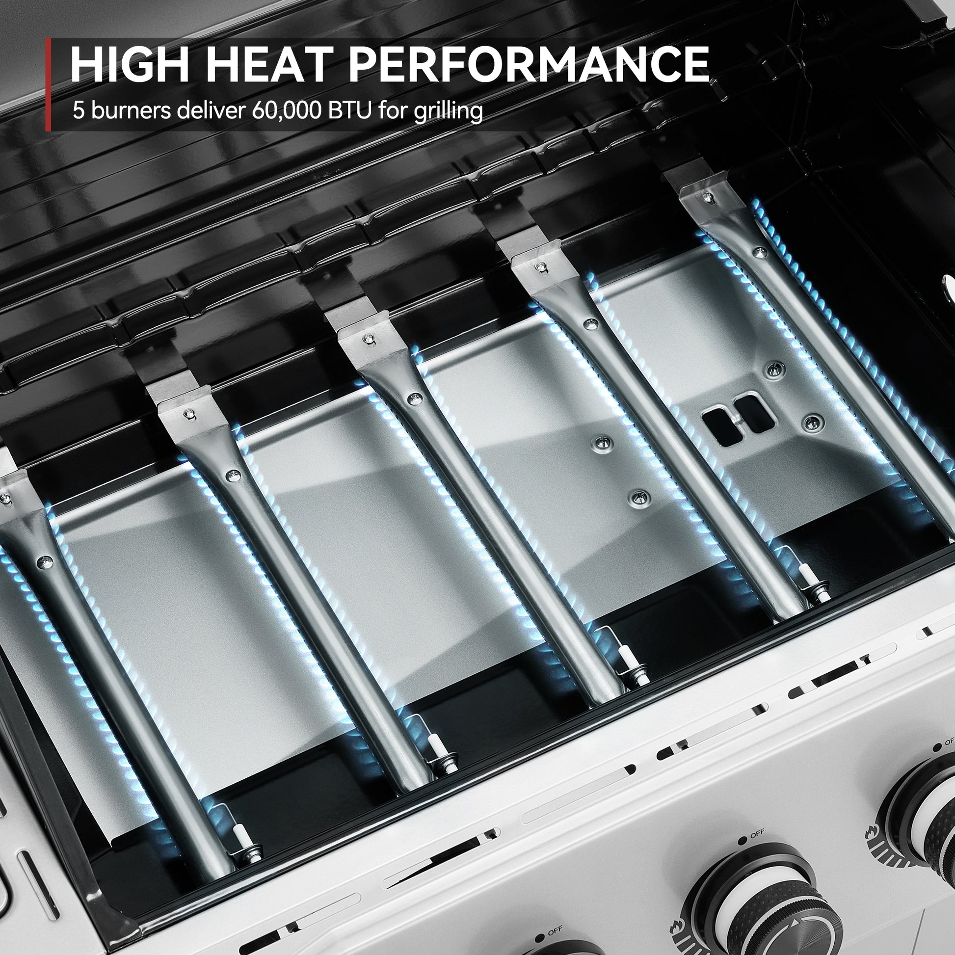 Close-up of a Royal Gourmet stovetop grill interior showing four burner elements with blue flame tubes and a text overlay that reads 'HIGH HEAT PERFORMANCE' and '5 burners deliver 60,000 BTU for grilling.'.