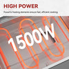 Close-up of a high-power cooking element glowing orange, with large white text reading 1500W and smaller text above saying HIGH POWER and 'Powerful heating elements ensure fast, efficient cooking.'.