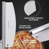 Royal Gourmet Pizza cutter with a pizza and features highlighted on a black background