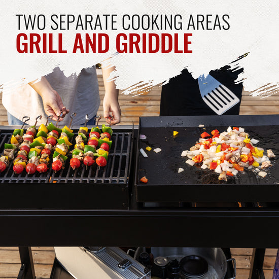 An outdoor cooking setup with two separate grilling areas: colorful vegetable and meat skewers on a charcoal grill on the left, and chopped vegetables cooking on a black flat-top grill on the right. Large text at the top reads 'TWO SEPARATE COOKING AREAS GRILL AND GRIDDLE'.