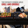 An outdoor cooking setup with two separate grilling areas: colorful vegetable and meat skewers on a charcoal grill on the left, and chopped vegetables cooking on a black flat-top grill on the right. Large text at the top reads 'TWO SEPARATE COOKING AREAS GRILL AND GRIDDLE'.