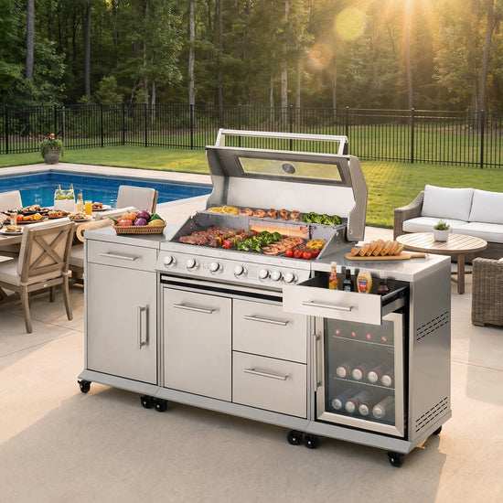 A large stainless steel Royal Gourmet outdoor kitchen island grill with a built-in wine cooler and storage drawers, shown on a patio next to a swimming pool with food cooking inside the open lid.