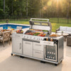 A large stainless steel Royal Gourmet outdoor kitchen island grill with a built-in wine cooler and storage drawers, shown on a patio next to a swimming pool with food cooking inside the open lid.