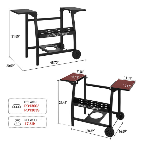 Dimensions and features of a Royal Gourmet grill cart with measurements and compatibility details.