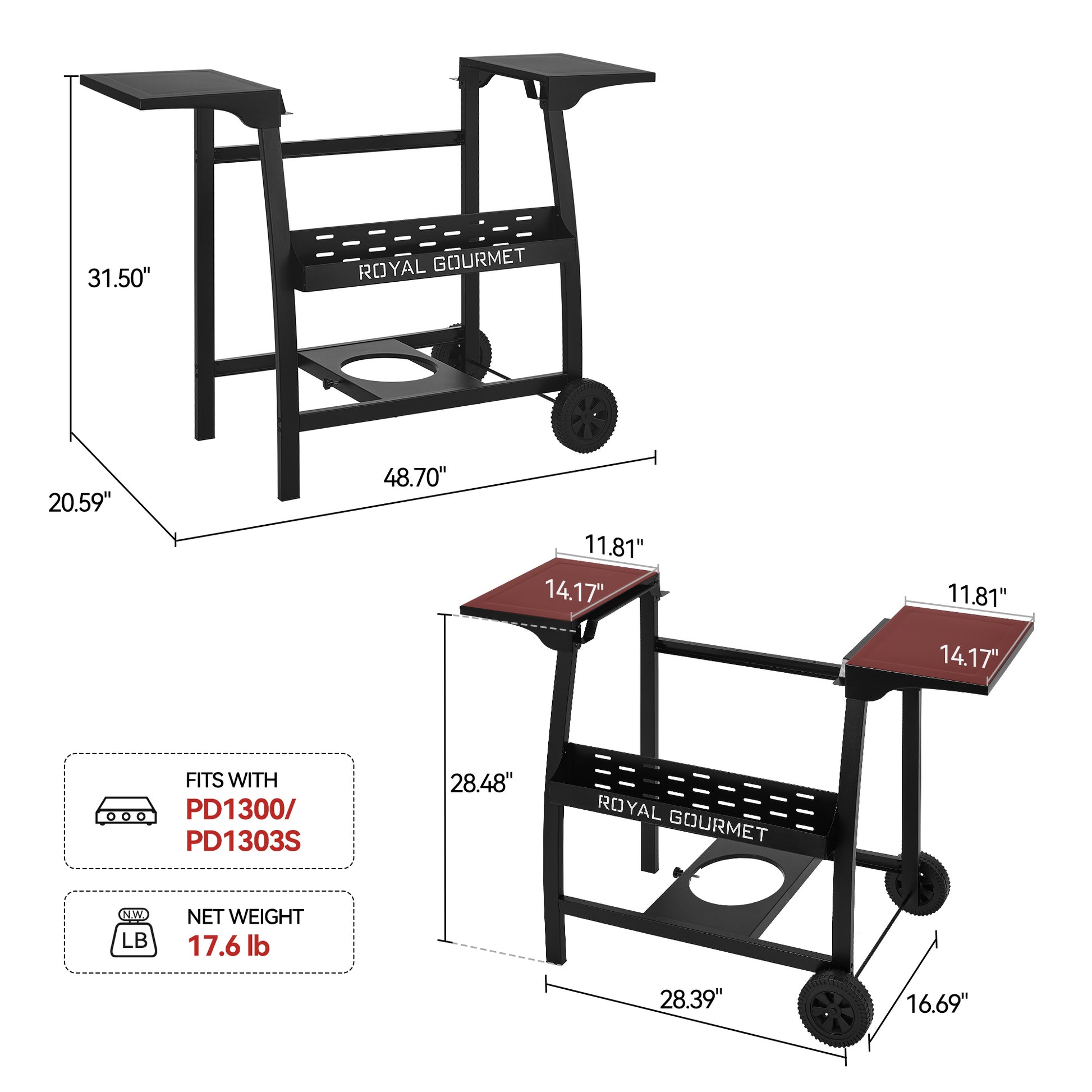 Dimensions and features of a Royal Gourmet grill cart with measurements and compatibility details.