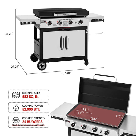 Royal Gourmet Gas grill cart with dimensions labeled, shown alongside feature callouts including cooking area 582 sq. in.