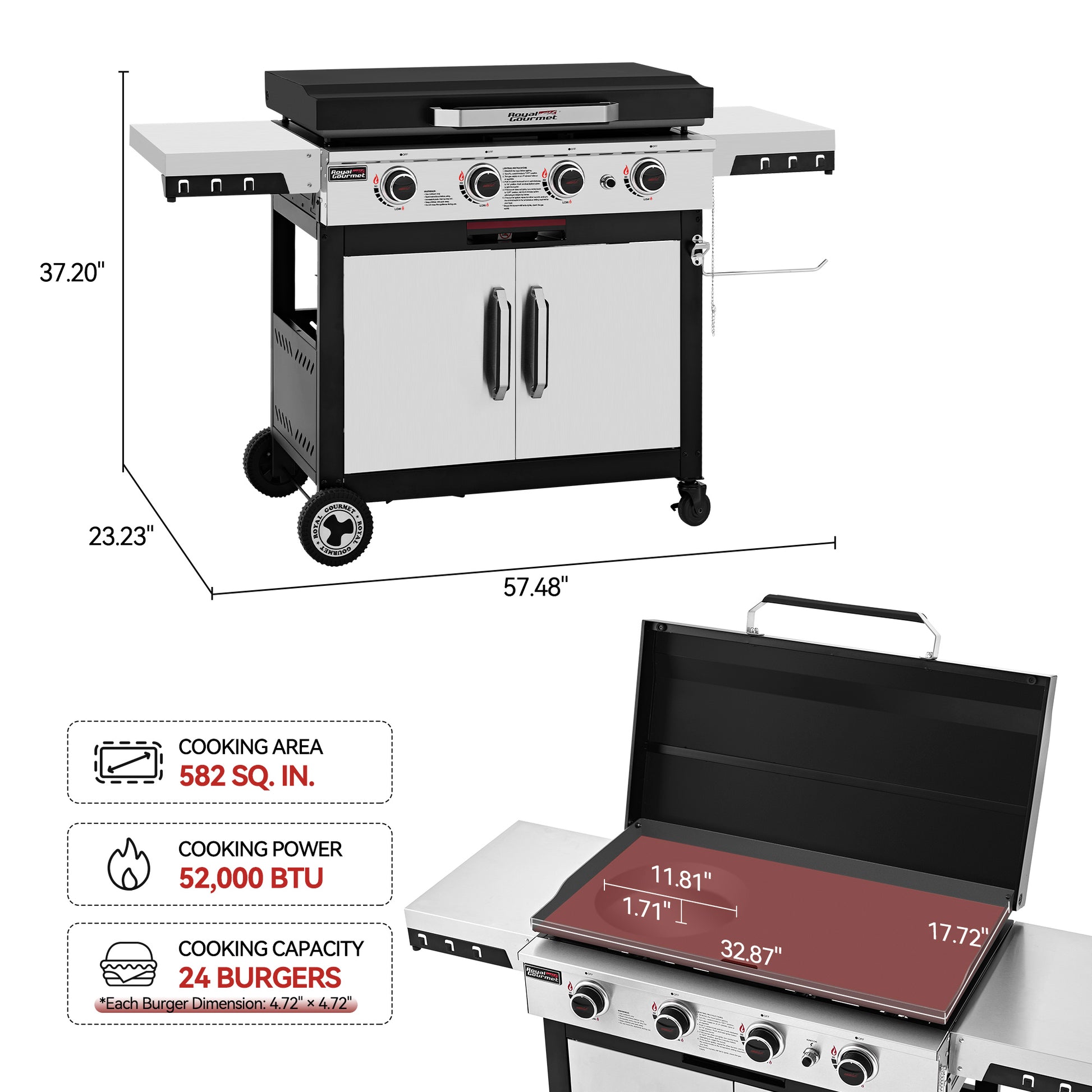 Royal Gourmet Gas grill cart with dimensions labeled, shown alongside feature callouts including cooking area 582 sq. in.