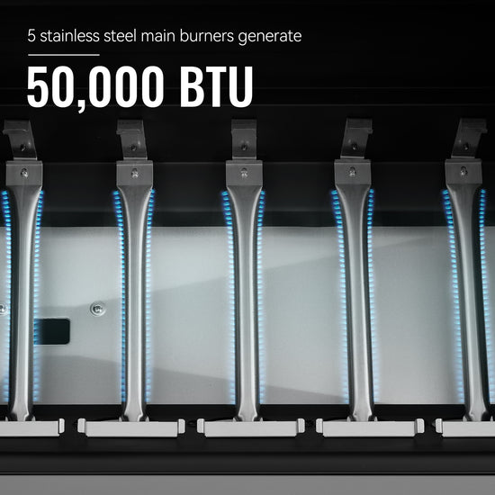 Stainless steel Royal Gourmet main burners with blue flames and text indicating 50,000 BTU output.
