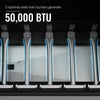 Stainless steel Royal Gourmet main burners with blue flames and text indicating 50,000 BTU output.