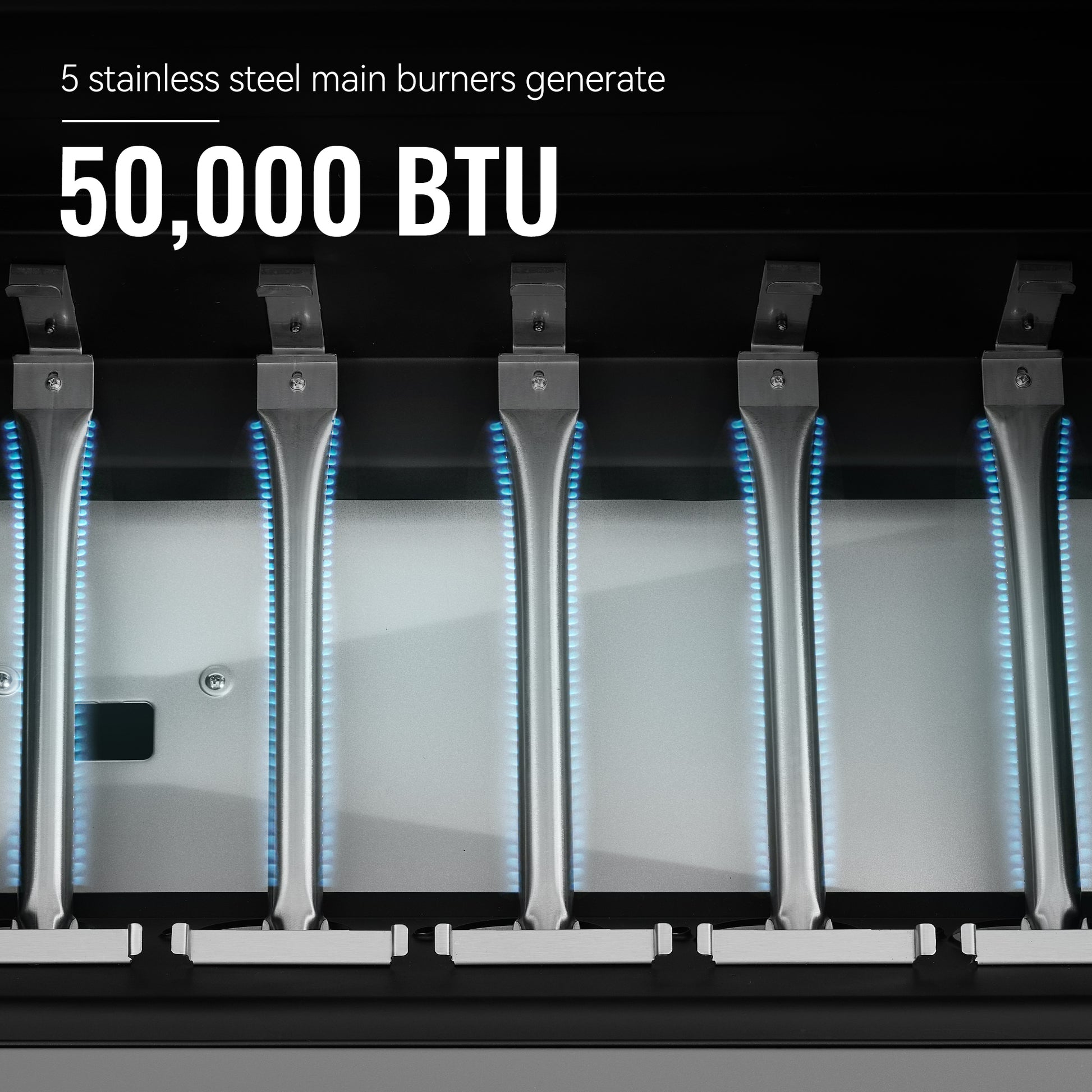 Stainless steel Royal Gourmet main burners with blue flames and text indicating 50,000 BTU output.