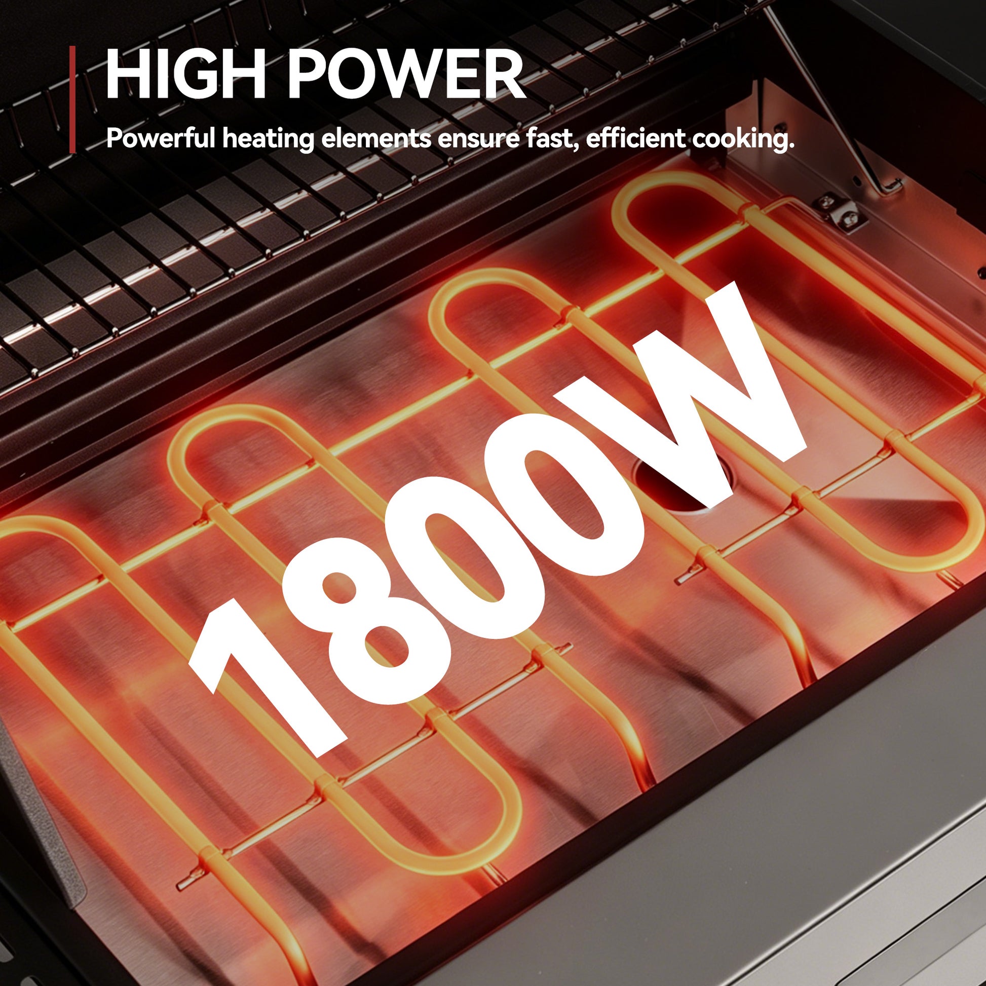Heating element with '1800W' marking and text about high power cooking.