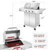 Royal Gourmet Stainless steel grill with dimensions and features displayed on a white background