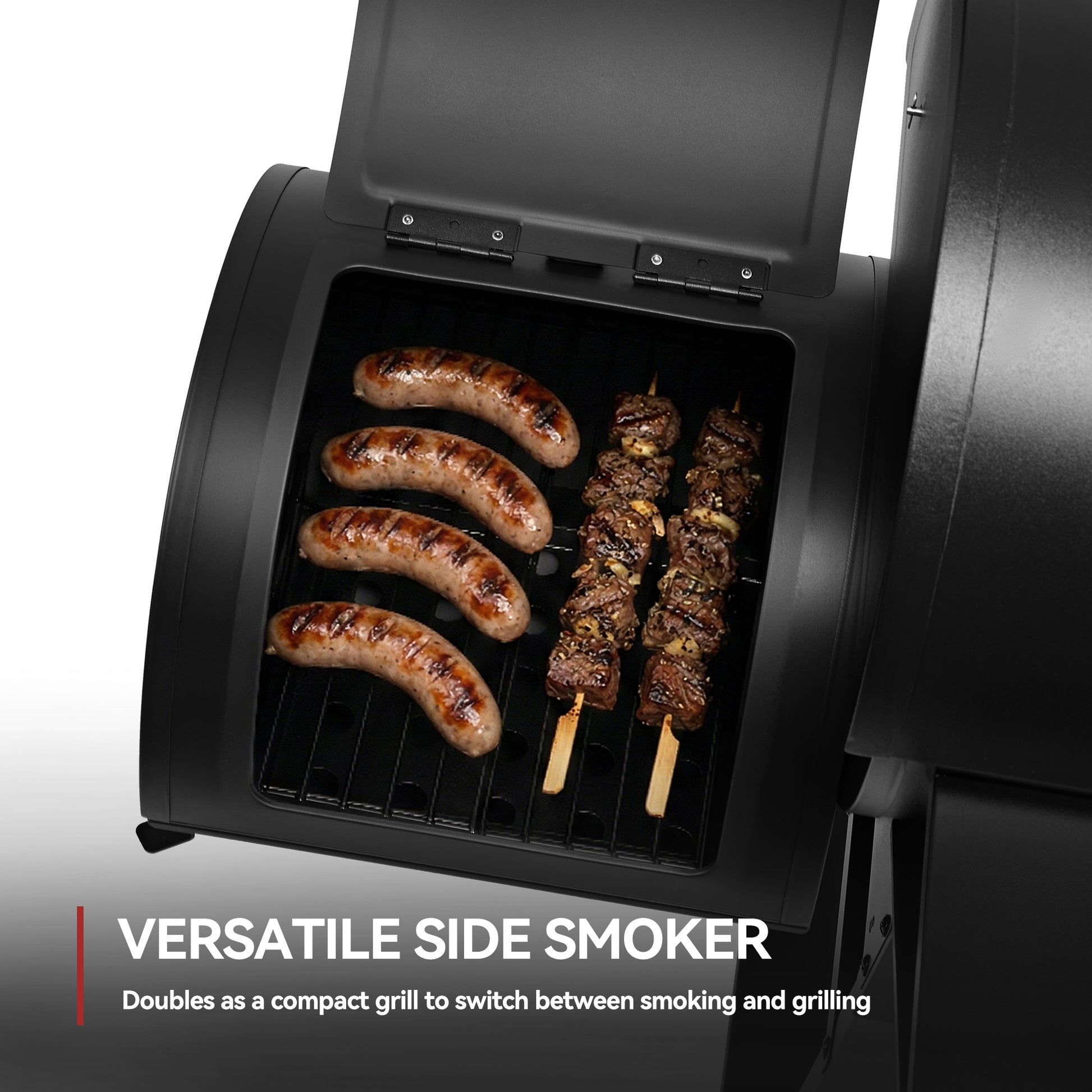 Royal Gourmet Black side smoker with sausages and skewers on a white background