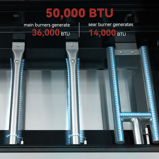 Close-up of a Royal Gourmet  gas range burner system with three burner assemblies and overlaid text reading 50,000 BTU, 36,000 BTU, and 14,000 BTU.