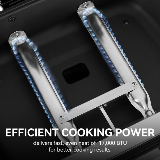 Close-up of a stainless steel Royal Gourmet gas burner assembly with blue flame jets, shown inside a dark cookware pot with text reading 'EFFICIENT COOKING POWER' and 'delivers fast, even heat of 17,000 BTU for better cooking results.'.