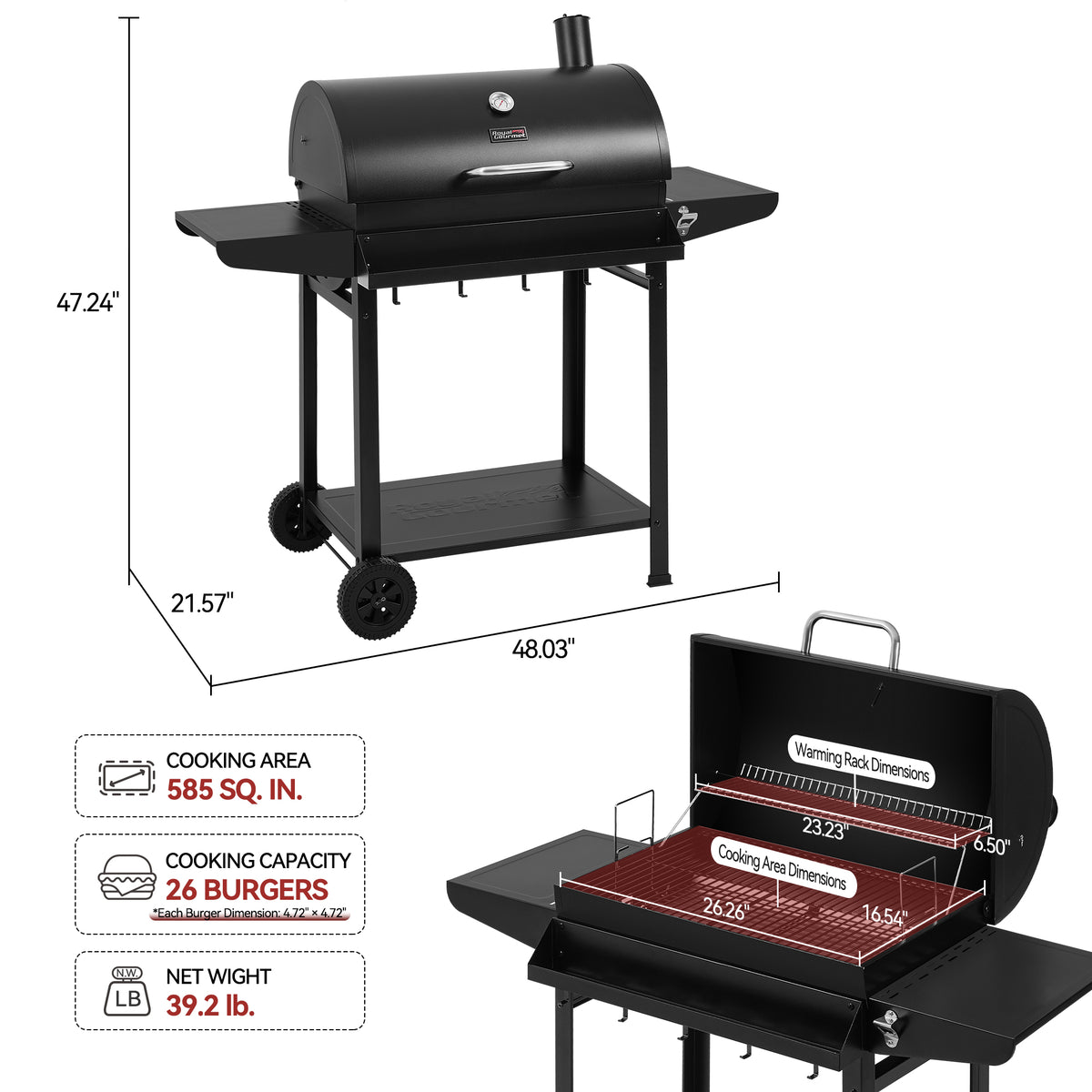 Black outdoor Royal Gourmet gas grill with side table and lower shelf on a white background, shown with dimension callouts and feature icons. The image includes a main front-three-quarter view and a smaller inset showing the interior cooking chamber dimensions.