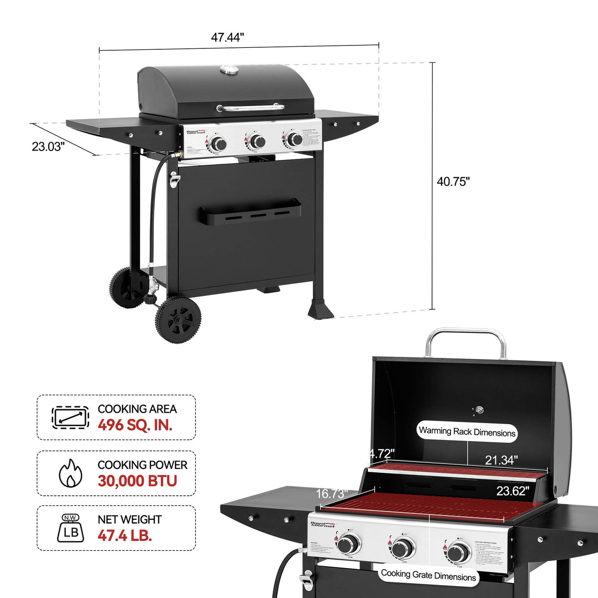 3-Burner Propane Gas Grill – Stainless Steel, Black Finish, Portable Camping BBQ