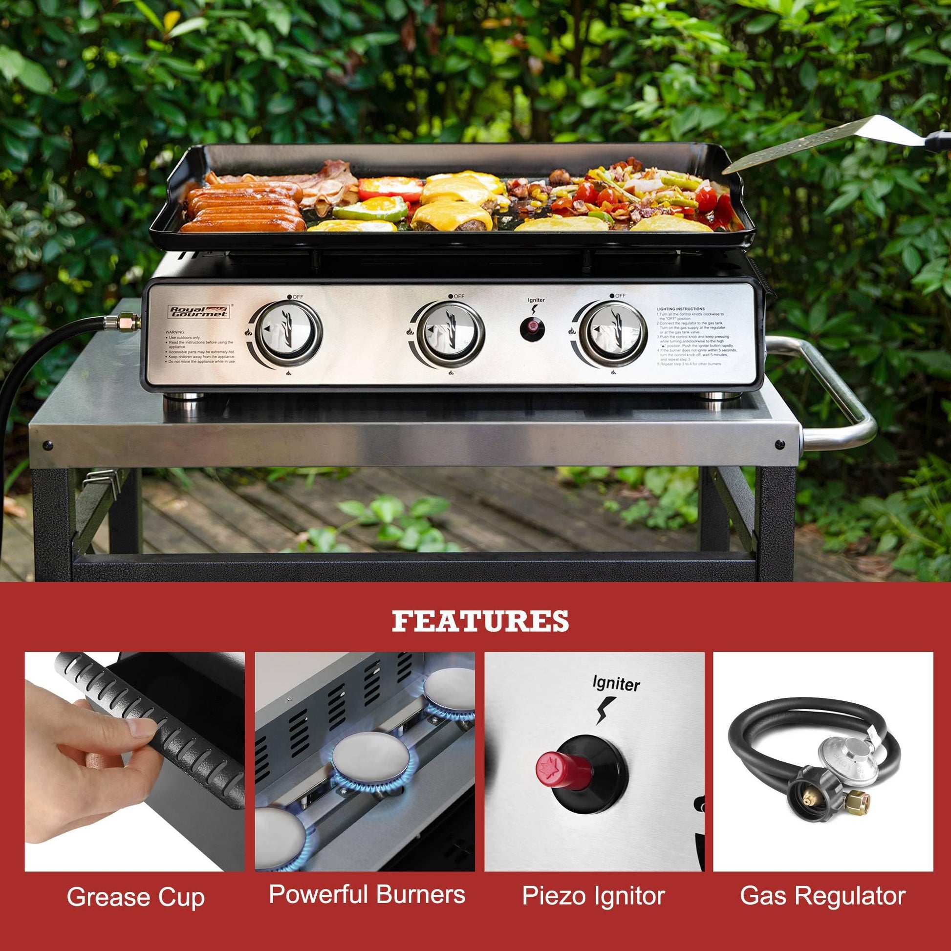 3-Burner Portable Propane Gas Grill with Griddle Top