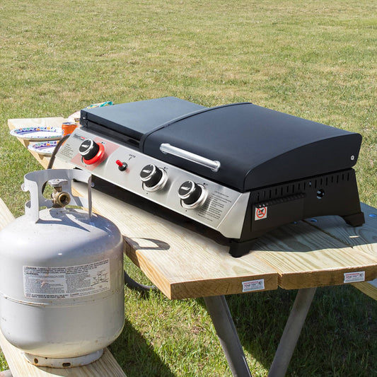 Royal Gourmet portable silver gas griddle with a side burner