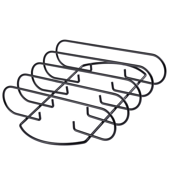 Black metal pot holder with multiple hooks on a white background