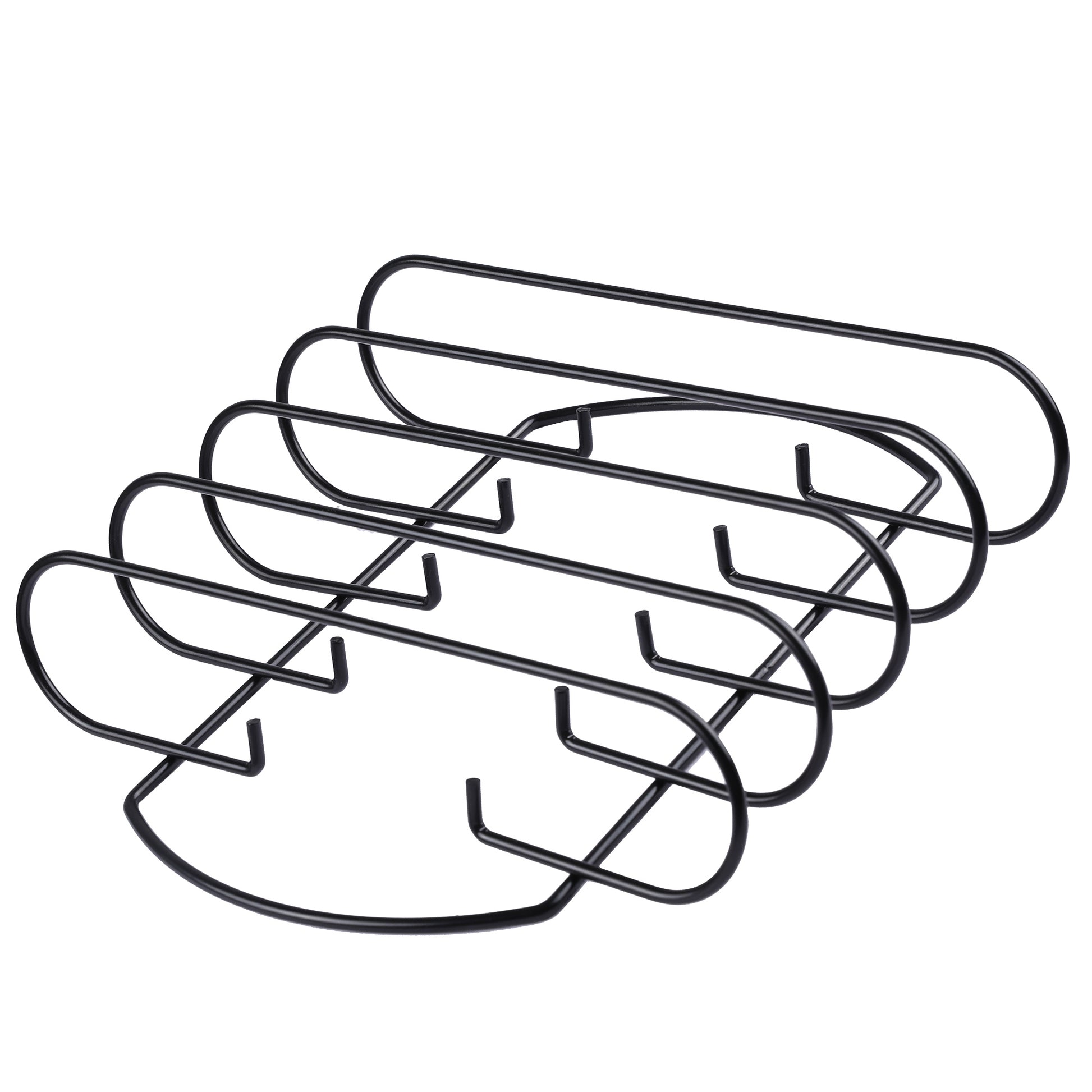 Black metal pot holder with multiple hooks on a white background