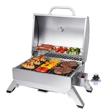 Royal Gourmet  Stainless steel portable grill with food on a white background