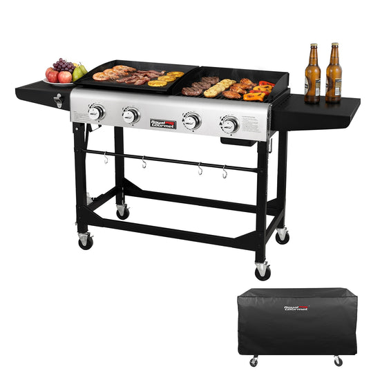 Portable grill with cooking surface and side shelves, featuring food and beer bottles on a white background.