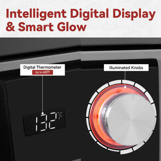 Close-up of a black appliance control panel with a digital thermometer display reading 132°F and an illuminated rotary knob with a silver center. Text at the top reads 'Intelligent Digital Display & Smart Glow' with callouts labeling the digital thermometer and illuminated knobs.