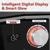 Close-up of a black appliance control panel with a digital thermometer display reading 132°F and an illuminated rotary knob with a silver center. Text at the top reads 'Intelligent Digital Display & Smart Glow' with callouts labeling the digital thermometer and illuminated knobs.