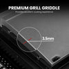Close-up of a dark metallic grill griddle surface with text reading 'PREMIUM GRILL GRIDDE' and 'Provides excellent cooking experience,' plus a measurement callout showing '3.5mm' with a circular inset highlighting the grate width.