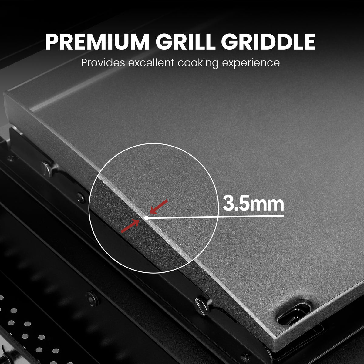 Close-up of a dark metallic grill griddle surface with text reading 'PREMIUM GRILL GRIDDE' and 'Provides excellent cooking experience,' plus a measurement callout showing '3.5mm' with a circular inset highlighting the grate width.