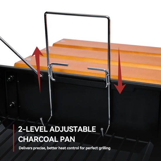 Royal Gourmet 2-level adjustable charcoal pan with wooden surface on a grill