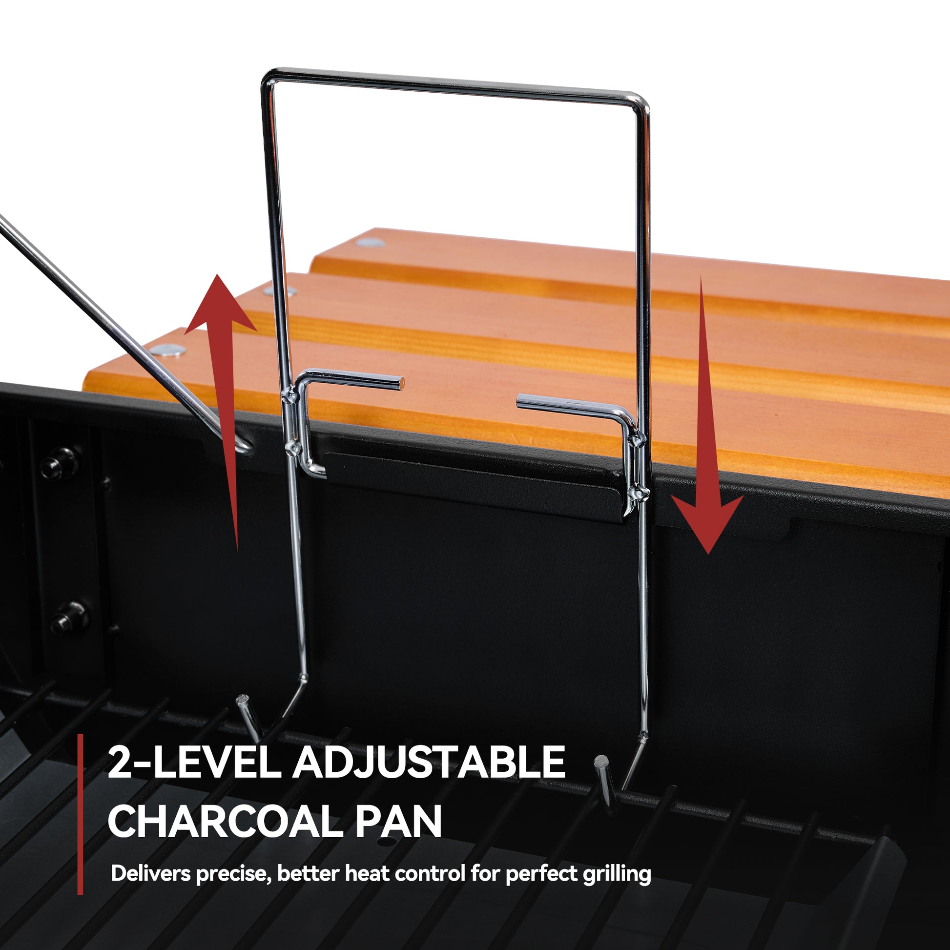 Royal Gourmet 2-level adjustable charcoal pan with wooden surface on a grill