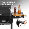 Collapsible side shelf attached to a grill with a cutting board and condiments on top, featuring the brand 'Gourmet'.