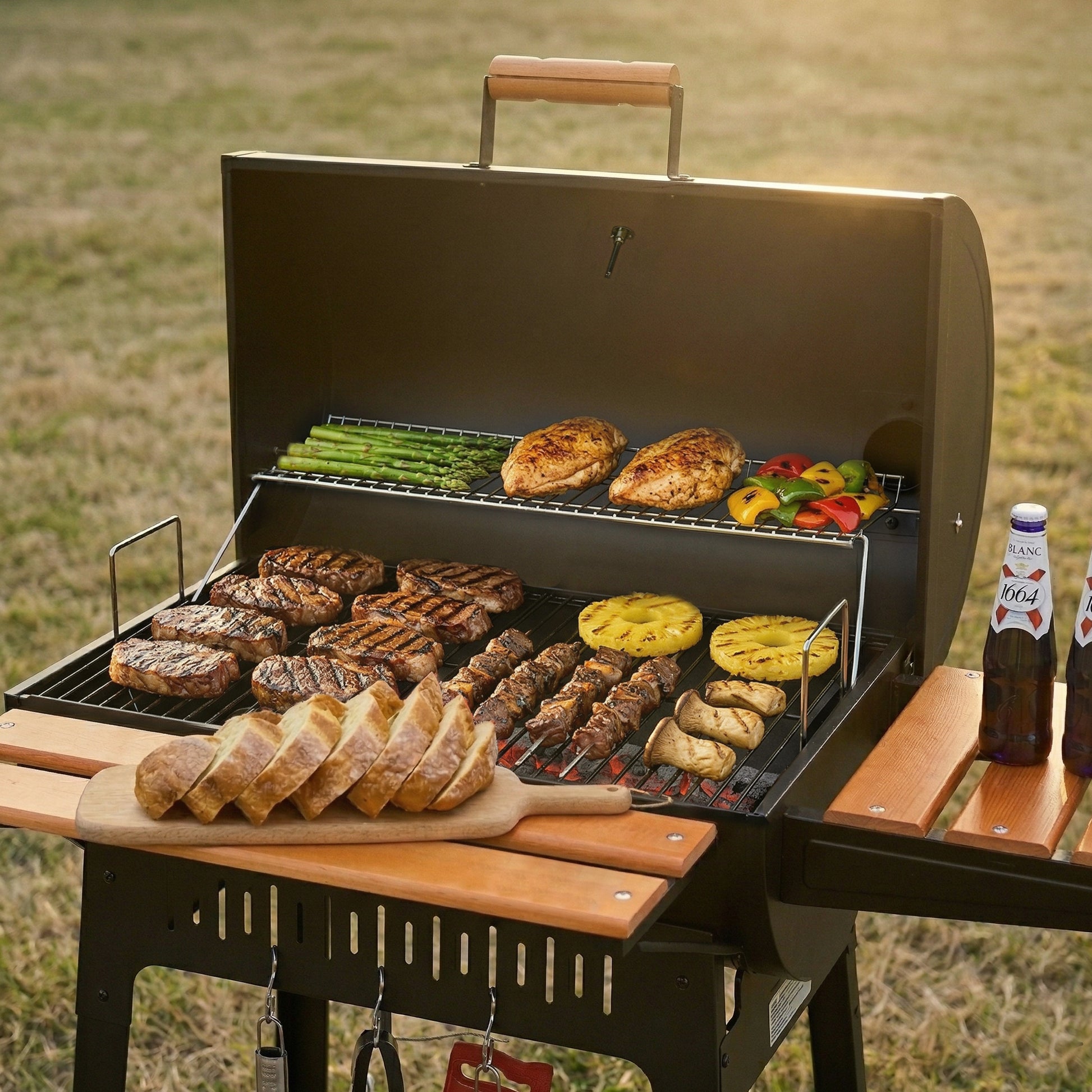 Royal Gourmet Barbecue grill with various meats, vegetables, and bread on a wooden table outdoors.