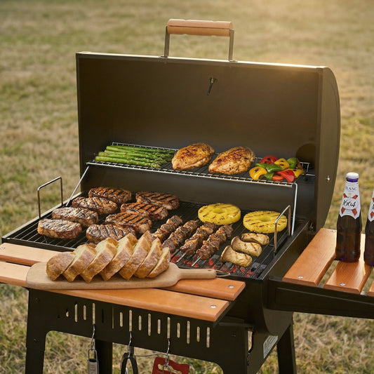 Royal Gourmet Barbecue grill with various meats, vegetables, and bread on a wooden table outdoors.