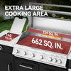 Extra large Royal Gourmet  gas grill with open lid and visible cooking grate area, overlaid with text reading 'EXTRA LARGE COOKING AREA' and measurements '140 SQ. IN.