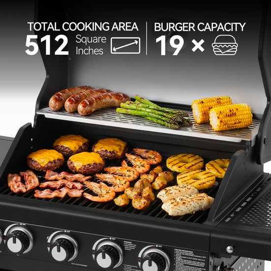 Royal Gourmet Grill with various foods being cooked, showing total cooking area and burger capacity.