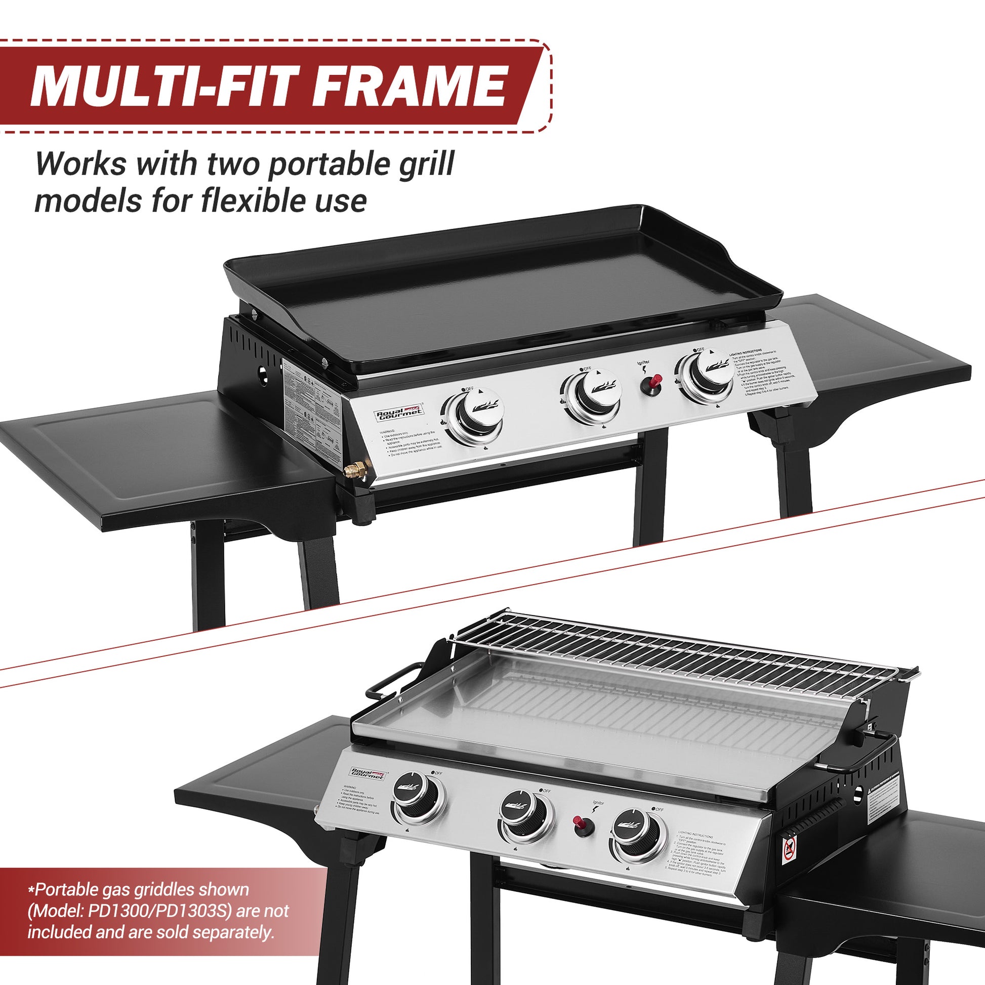 Two Royal Gourmet portable grills with a multi-fit frame on a white background