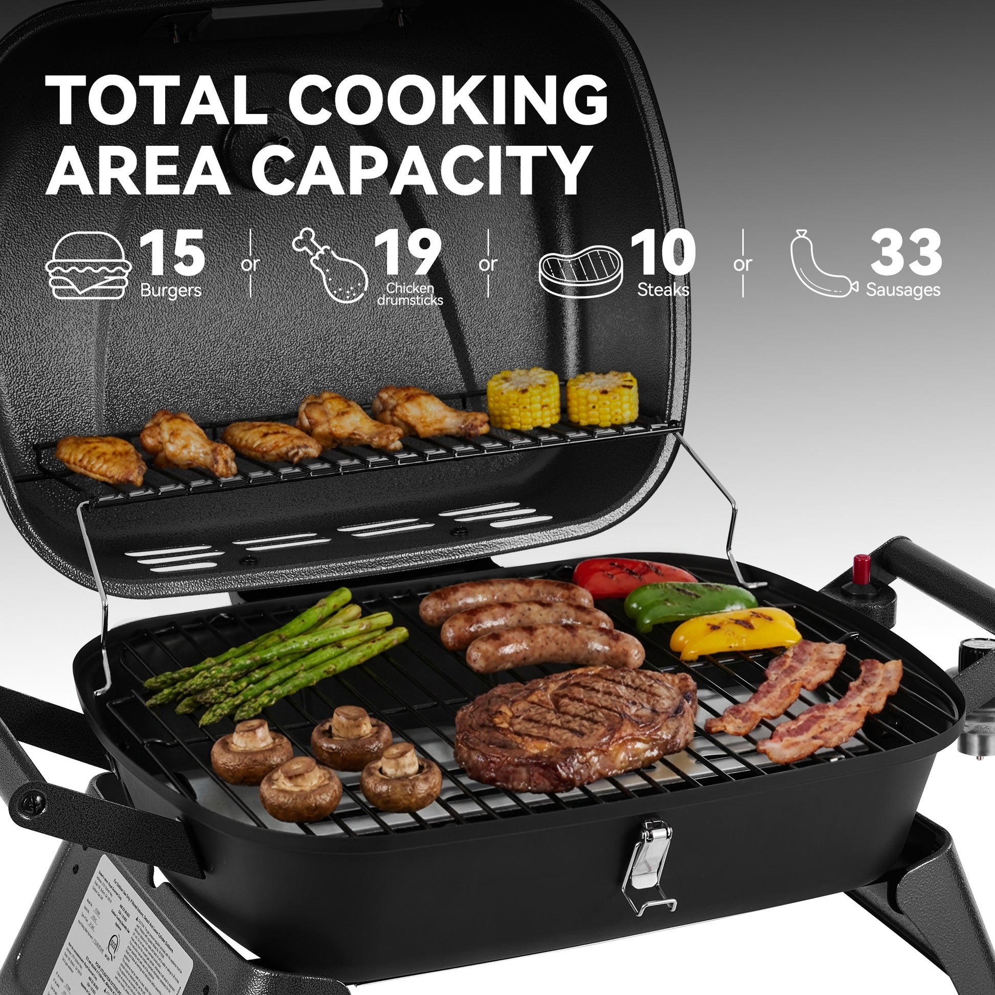 Royal Gourmet Grill with food items and capacity text on a gray background