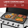 A large outdoor Royal Gourme gas grill with a black griddle plate cooking burgers, sausages, chicken wings, asparagus, and salmon, shown with marketing text at the top about cooking area and guest capacity.