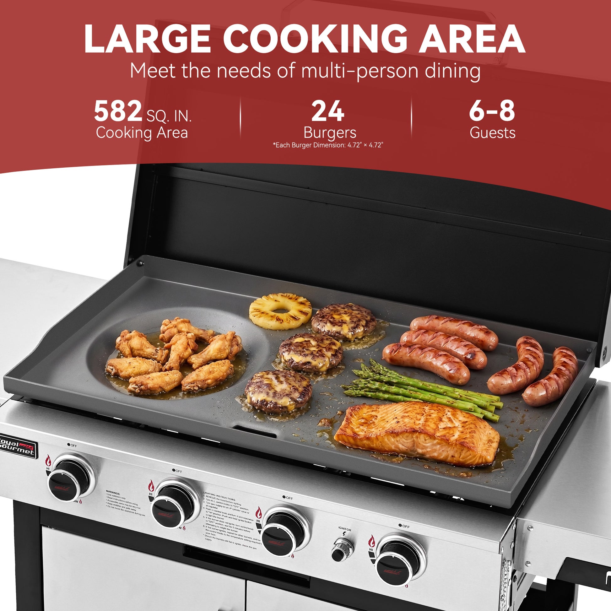 A large outdoor Royal Gourme gas grill with a black griddle plate cooking burgers, sausages, chicken wings, asparagus, and salmon, shown with marketing text at the top about cooking area and guest capacity.