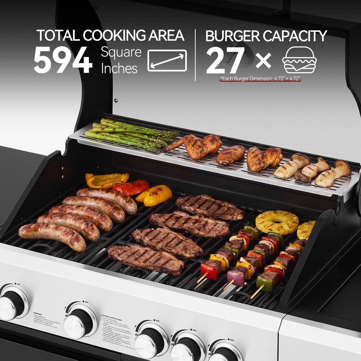 A stainless steel and black Royal Gourmet gas grill shown open with food cooking on the grates and a secondary shelf holding asparagus, chicken, and mushrooms. Large text at the top reads 'TOTAL COOKING AREA 594 Square Inches' and 'BURGER CAPACITY 27 x', with burger dimensions noted below.